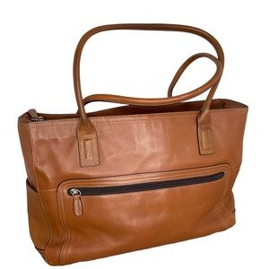 Fossil Cognac Brown Leather Tri Pocket Laptop Commuter Tote